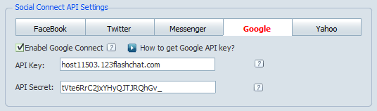 Google Connect Settings in Admin Panel of 123 Flash Chat, Chat Software Google Connect Settings in Admin Panel of 123 Flash Chat, Chat Software