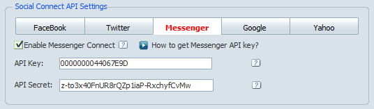 MSN Login Settings, Social Connect, 123 Flash Chat MSN Login Settings in Admin Panel of 123 Flash Chat, Chat Software
