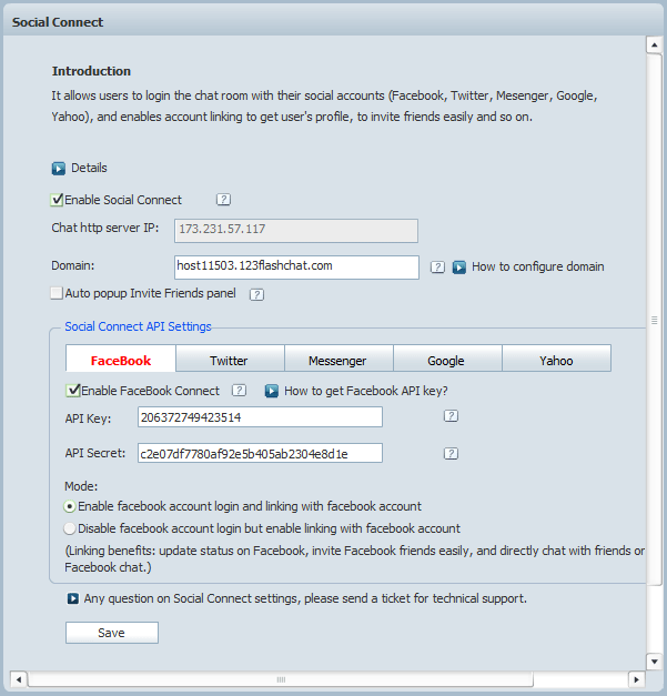 Social Connect Settings Panel, Social Connect, Facebook, Twitter, Google, Yahoo, 123 Flash Chat Social Connect Settings in Admin Panel of 123 Flash Chat, Chat Software