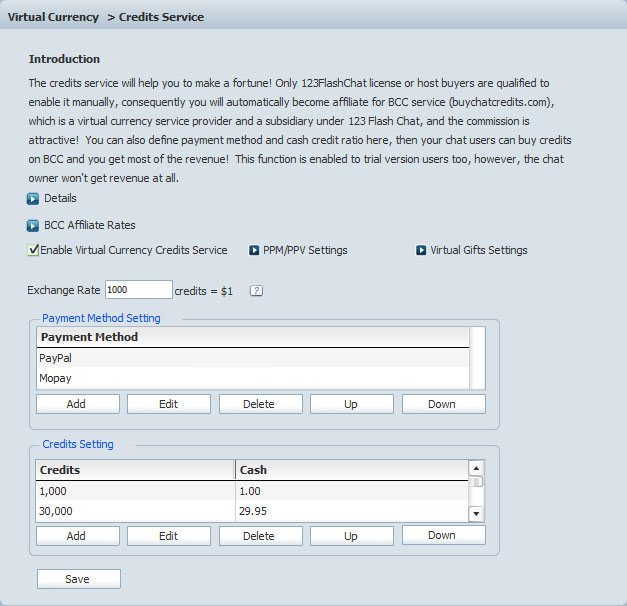 Credits Service Settings in Admin Panel of 123 Flash Chat, Chat Software